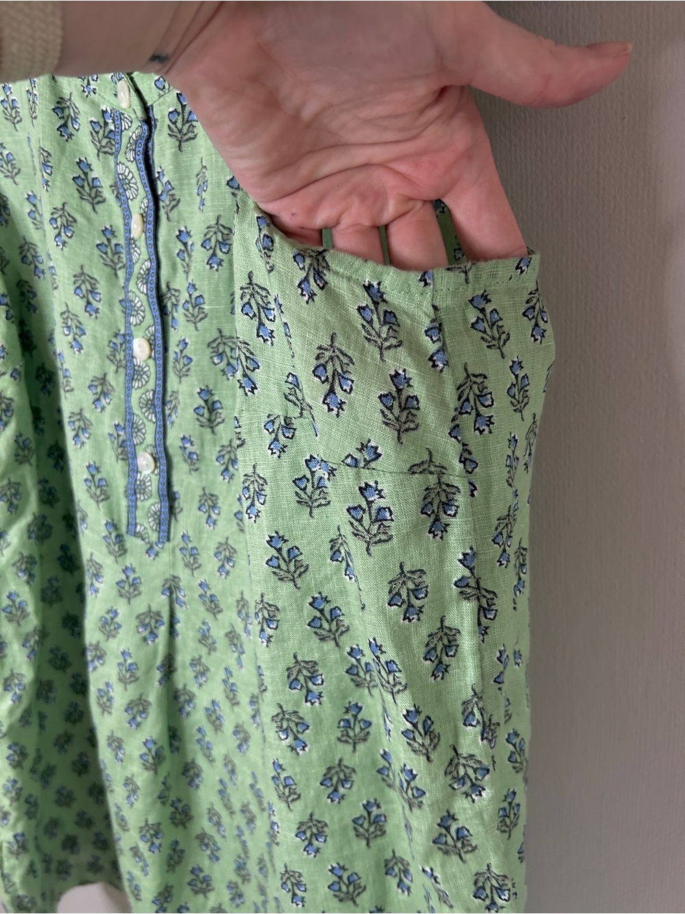 Pure Jill Linen Botanical Block Print Sleeveless Henley Blouse Relaxed Cottage S - Picture 8 of 12